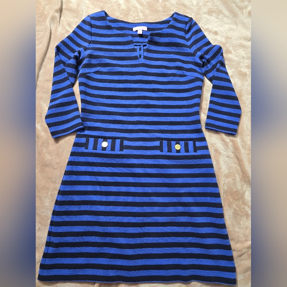 LILLY PULITZER Charlene Ottoman Navy Iris Blue Stripe Stretch Knit Boat Dress XS